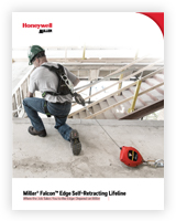 A worker with a Falcon Edge Self-Retracting Lifeline kneels on a ledge.