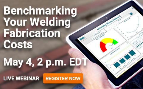 Hands holding and iPad horizontally looking at a MIG Welding Efficiency application with the messaging: Live Webinar. Benchmarking Your Welding Fabrication Costs. Register now.