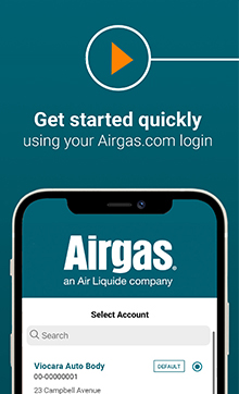 Tall teal rectangle mobile phone screenshot of the Airgas reorder app & Get started quickly using your Airgas.com login headline