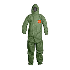 Dupont green Tychem 2000 SFR flame resistant hooded coveralls with front zipper closure storm flap closure and taped seam