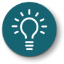 Illustrated icon of a lightbulb; white against teal.