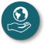 Illustrated icon of hand holding the world; white against teal.